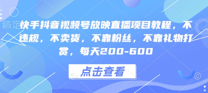 快手抖音视频号放映直播项目教程，不违规，不卖货，不靠粉丝，不靠礼物打赏，每天200-600-副业网创