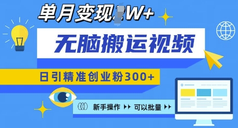 无脑搬运视频号可批量复制，新手即可操作，日引精准创业粉300+，月变现过W 【揭秘】-副业网创