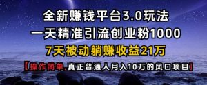 全新赚钱平台3.0玩法一天精准引流创业粉1000.7天被动躺Z收益21W【仅揭秘】-副业网创