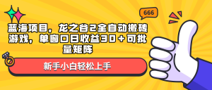 蓝海项目,龙之谷2全自动搬砖游戏,单窗口日收益30+可批量矩阵-副业网创