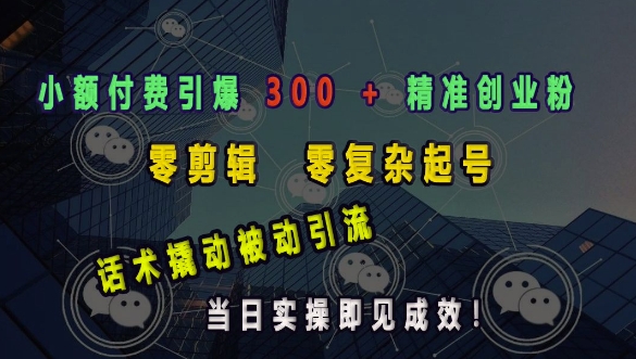 小额付费引爆 300 + 精准创业粉，零剪辑、零复杂起号，话术撬动被动引流，当日实操即见成效-副业网创