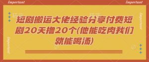 短剧搬运大佬经验分享付费短剧20天撸20个(他能吃肉我们就能喝汤)-副业网创