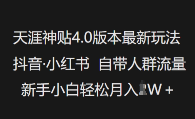天涯神贴4.0版本最新玩法，抖音·小红书自带人群流量，新手小白轻松月入过W-副业网创