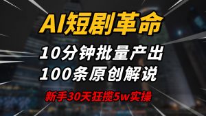 AI短剧革命！10分钟批量产出100条原创解说，新手30天狂揽5w实操揭秘-副业网创