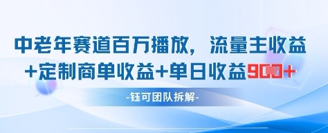 中老年赛道百万播放+流量主收益+定制收益，单日收益9张-副业网创