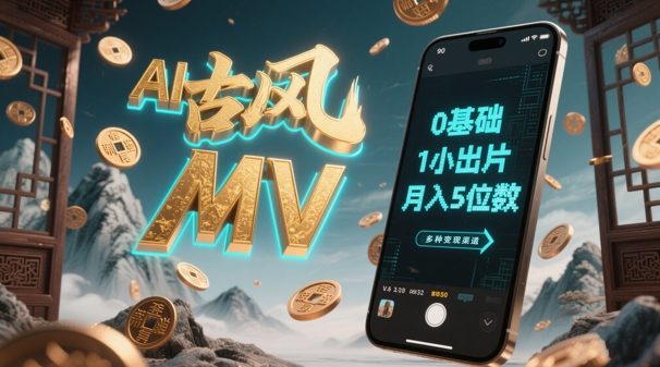 AI一键生成古风音乐MV，0剪辑基础1小时出片，多种变现渠道，一部手机月入5位数-副业网创