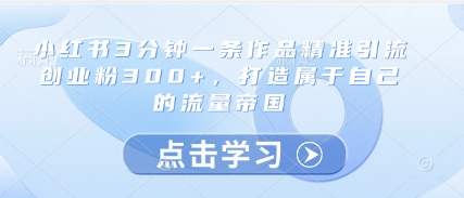 小红书3分钟一条作品精准引流创业粉300+，打造属于自己的流量帝国-副业网创