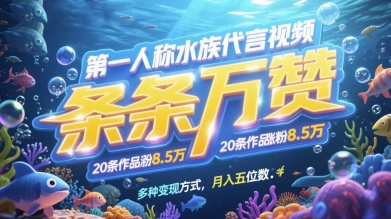 第一人称水族代言视频，条条万赞，20条作品涨粉7.8W，多种变现方式月入五位数-副业网创