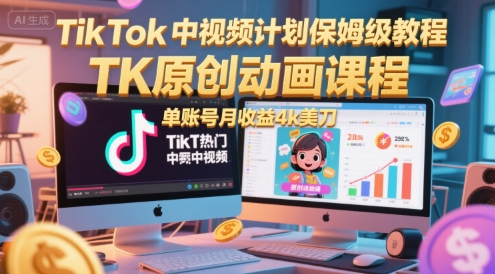 TikTok中视频计划保姆级教程，TK原创动画课程，单账号月收益4k美刀-副业网创