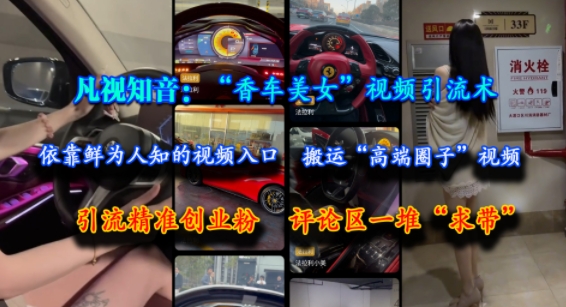 凡视知音：“香车美女”视频引流术，依靠鲜为人知的视频入口，搬运“高端圈子”视频，引流精准创业粉，评论区一堆“求带”-副业网创