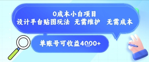 0成本小白项目，设计平台贴图玩法，无需维护，无需成本，单账号单月可产生收益4k+-副业网创
