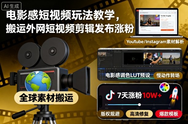 电影感短视频玩法教学,搬运外网短视频剪辑发布涨粉-副业网创