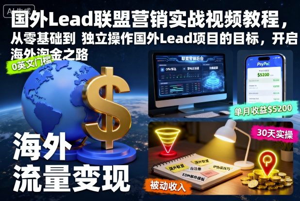 国外Lead联盟营销实战视频教程，从零基础到独立操作国外Lead项目的目标，开启海外淘金之路-副业网创