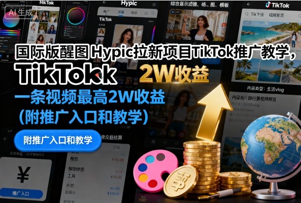 国际版醒图Hypic拉新项目TikTok推广教学,一条视频最高2W收益(附推广入口和教学)-副业网创