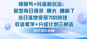 视频号加抖音新玩法：爆火新型每日语录，收徒教学加分成计划，三种变现玩法，当日变现7张-副业网创