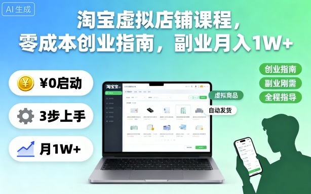 淘宝虚拟店铺课程,零成本创业指南,副业月入1W+-副业网创