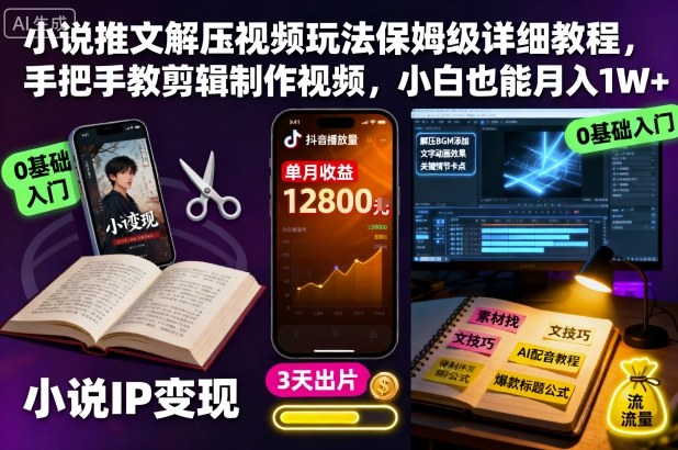 小说推文解压视频玩法保姆级详细教程，手把手教剪辑制作视频，小白也能月入1W+-副业网创