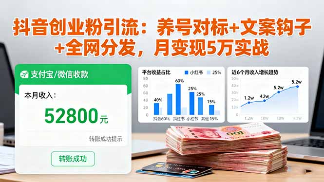 抖音创业粉引流:养号对标+文案钩子+全网分发,月变现5万实战-副业网创