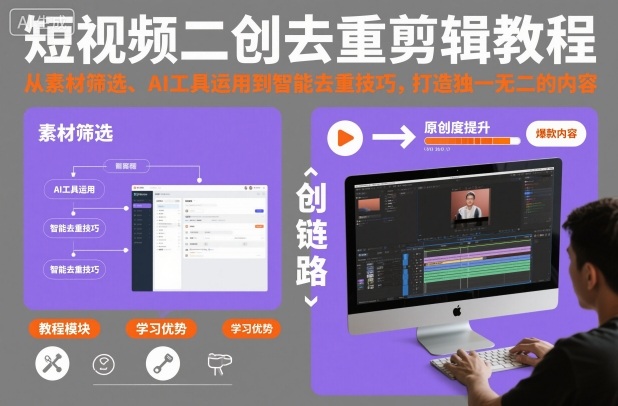 短视频二创去重剪辑教程，从素材筛选、AI工具运用到智能去重技巧，打造独一无二的内容-副业网创