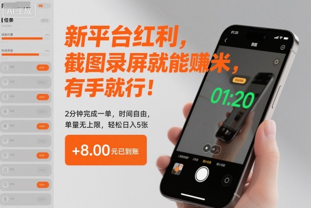 新平台红利，截图录屏就能賺米，有手就行！2分钟完成一单，时间自由，单量无上限，轻松日入5张【揭秘】-副业网创