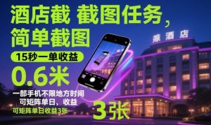 酒店截图任务,简单截图,15秒一单收益0.6米,一部手机不限地方时间,可矩阵单日收益3张【揭秘】-副业网创