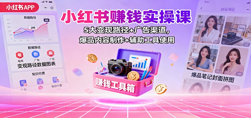 小红书赚钱实操课：5大变现路径+广告渠道，爆品内容制作+辅助工具使用-副业网创