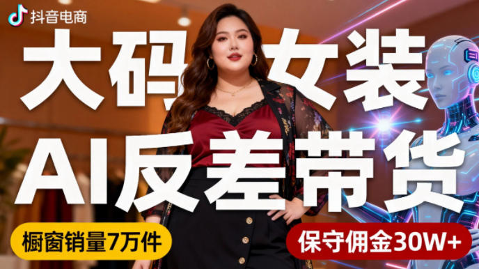 抖音小众赛道，大码女装AI反差带货，不用直播，每天6条作品，橱窗卖7万件，保守佣金30W+-副业网创
