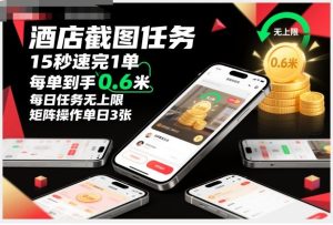 酒店截图任务,15秒速完1单,每单到手0.6米,每日任务无上限,全网首发玩法,矩阵操作单日3张【揭秘】-副业网创