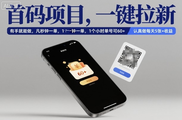 首码项目，一键拉新，有手就能做，几秒钟一单，1个小时单号可60+，认真做每天5张+收益【揭秘】-副业网创