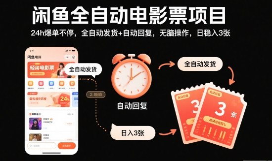 闲鱼全自动电影票项目，24h爆单不停，全自动发货+自动回复，无脑操作，日稳入3张【揭秘】-副业网创