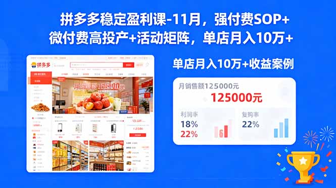 拼多多稳定盈利课-11月,强付费SOP+微付费高投产+活动矩阵,单店月入10万+-副业网创