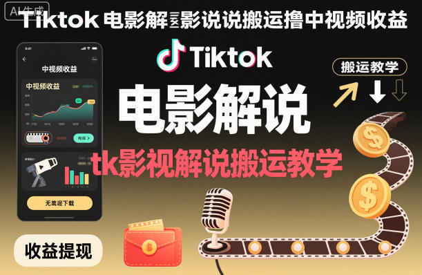Tiktok电影解说搬运撸中视频收益，tk影视解说搬运教学-副业网创