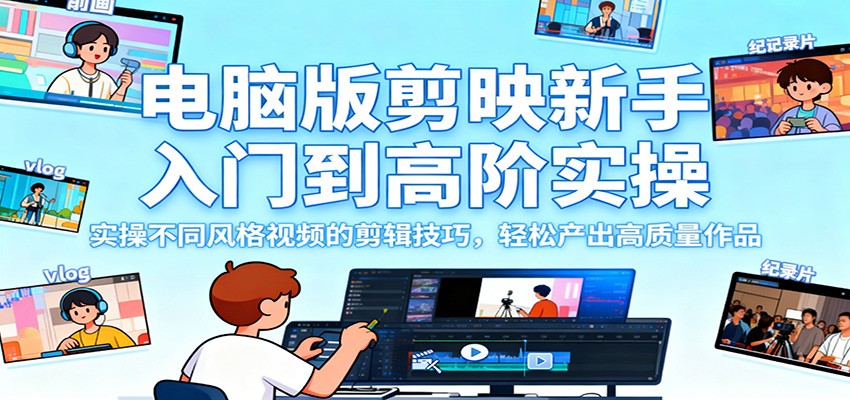 电脑版剪映新手入门到高阶实操，实操不同风格视频的剪辑技巧，轻松产出高质量作品-副业网创