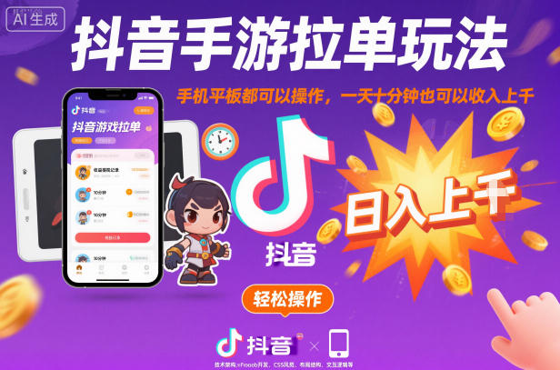 抖音手游拉单玩法，手机平板都可以操作，一天十分钟也可以收入上K【揭秘】-副业网创