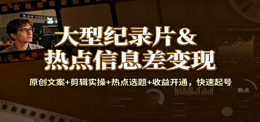 大型纪录片&热点信息差变现:原创文案+剪辑实操+热点选题+收益开通,快速起号-副业网创