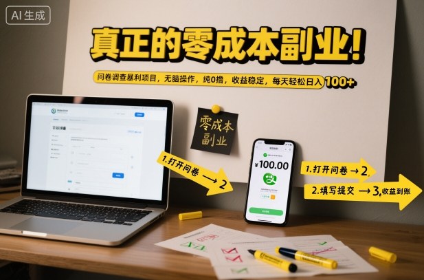 真正的零成本副业！问卷调查暴利项目，无脑操作，纯0撸，收益稳定，每天轻松日入100+【揭秘】-副业网创
