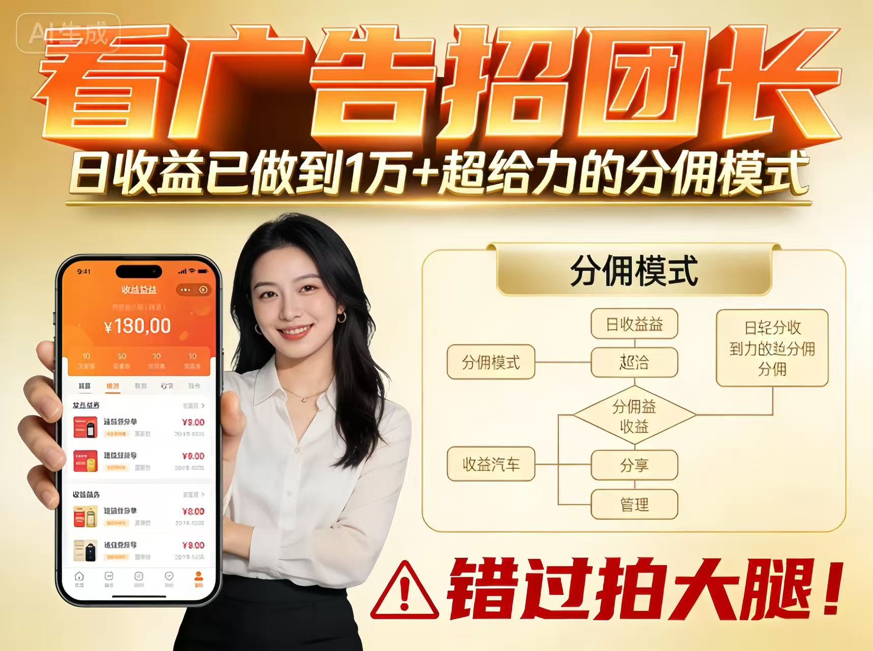 看广告招团长，团队收益已做到日入1万，分佣模式超给力，错过拍大腿-副业网创