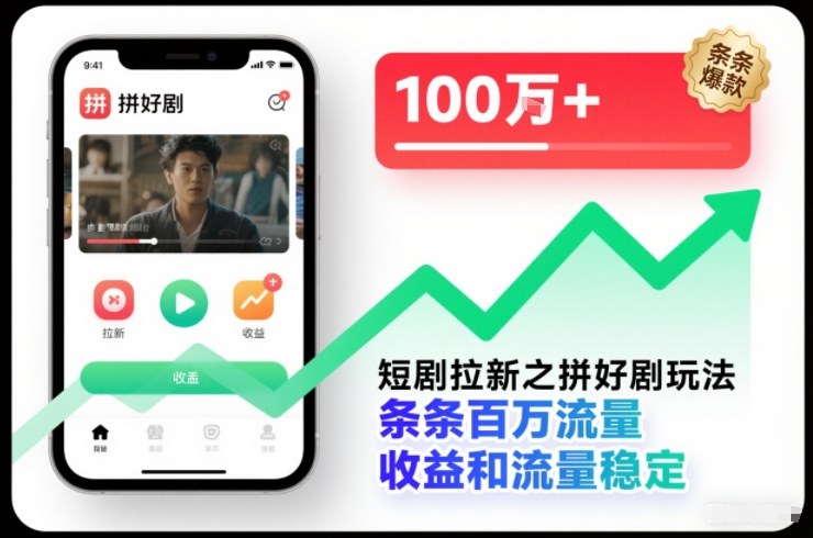 短剧拉新之拼好剧玩法，条条百万流量，收益和流量稳定-副业网创