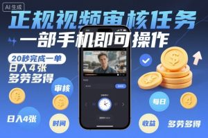 正规视频审核任务,一部手机即可操作,20秒完成一单,日入4张,多劳多得【揭秘】-副业网创