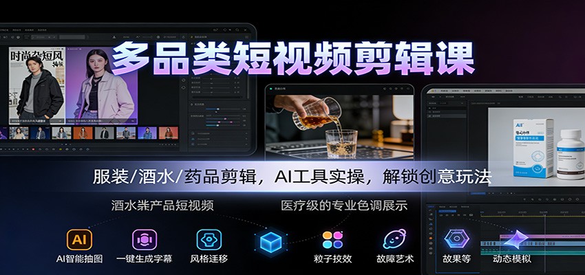 多品类短视频剪辑课：服装/酒水/药品剪辑，AI工具实操，解锁创意玩法-副业网创