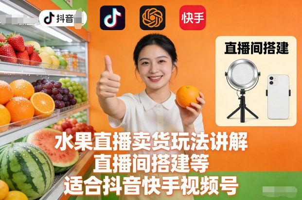 水果直播卖货玩法讲解、直播间搭建等，适合抖音快手视频号-副业网创