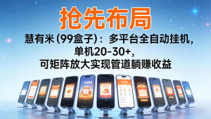 抢先布局慧有米(99盒子):多平台全自动挂机,单机20-30+,可矩阵实现管道躺赚-副业网创