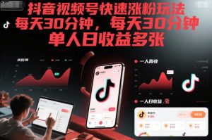 抖音视频号快速涨粉玩法，每天30分钟，单人日收益多张-副业网创