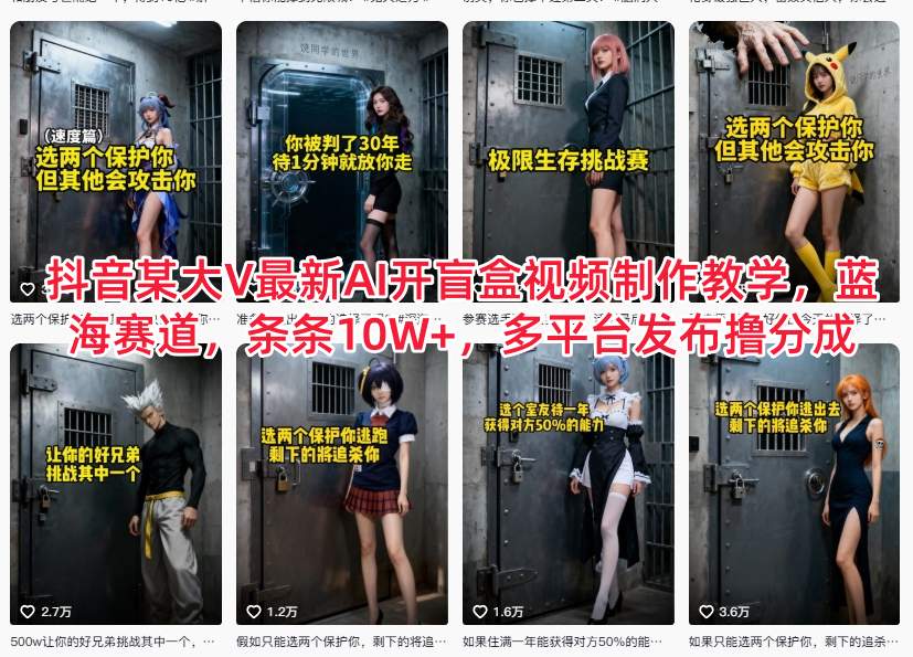 抖音某大V最新AI开盲盒视频制作教学，蓝海赛道，条条10W+，多平台发布撸分成-副业网创