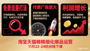 淘宝天猫精细化爆品运营11月22-24杭州线下课,免费流量打法+付费广告放大+利润增长(音频+文档)-副业网创