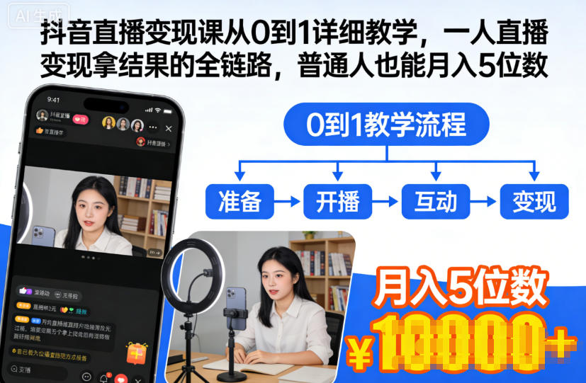 抖音直播变现课从0到1详细教学,一人直播变现拿结果的全链路,普通人也能月入5位数-副业网创