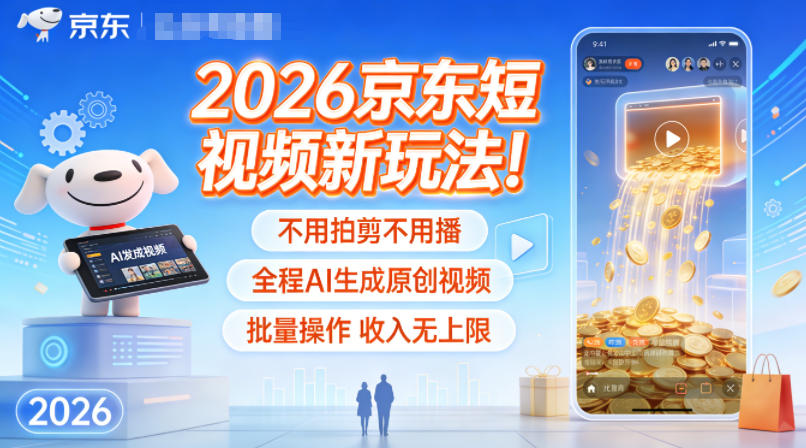 2026京东短视频新玩法！不用拍剪不用播，全程AI生成原创视频，批量操作收入无上限-副业网创