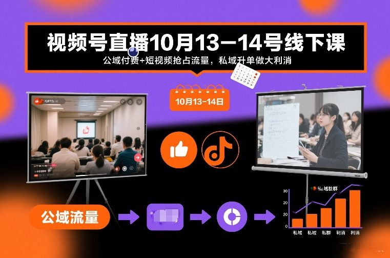 视频号直播10月13-14号线下课，公域付费+短视频抢占流量，私域升单做大利消-副业网创