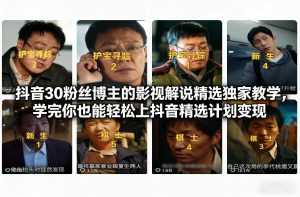 抖音30粉丝博主的影视解说精选独家教学，学完你也能轻松上抖音精选计划变现-副业网创