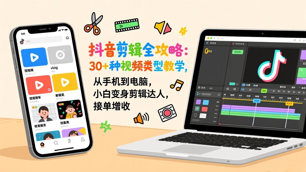 抖音剪辑全攻略：30+种视频类型教学，从手机到电脑，小白变身剪辑达人，接单增收-副业网创